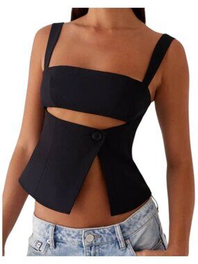 Peppermayo Cut Out Crop Top Black Square Neck Split Hem 4 S